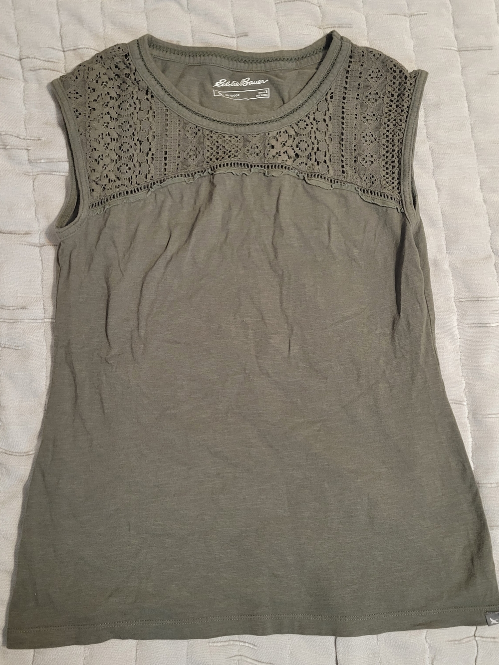 Eddie Bauer Olive Crochet Yoke Sleeveless Top